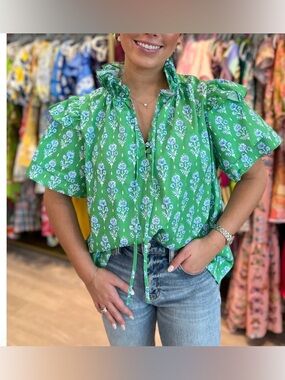 Patty Kim St. Martin Top in Green Florette Size Small